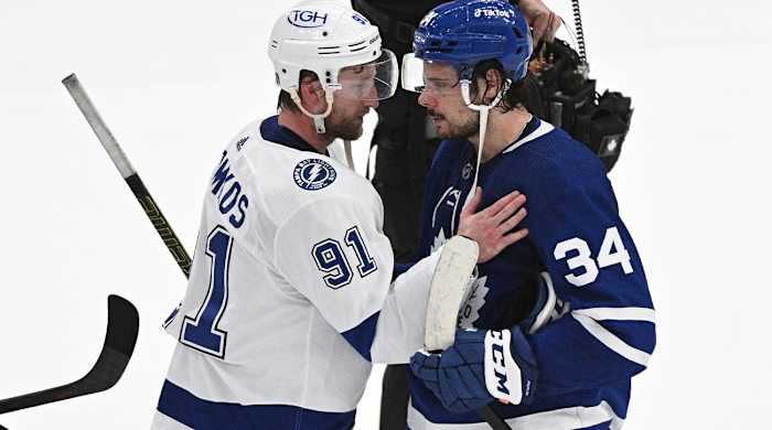 May 14, 2022; Toronto, Ontario, CAN; Tampa Bay Lightning forward Steven Stamkos (91) shakes hands with Toronto Maple Leafs forward Auston Matthews after Tampa Bay defeated Toronto in game seven of the first round of the 2022 Stanley Cup Playoffs at Scotiabank Arena.